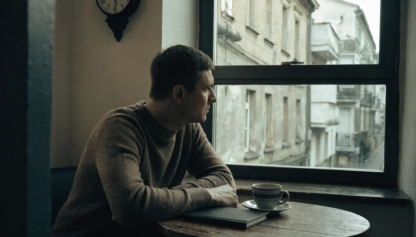 Mężczyzna przy stoliku w polskiej kawiarni z notesem i kawą.